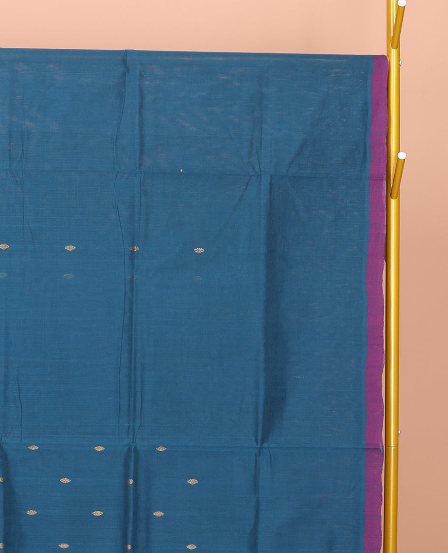 Blue Venkatagiri Cotton Saree, Elevated with Buttas, a Contrast Zari-Thread Border, Pallu of Stripes, and No Blouse
