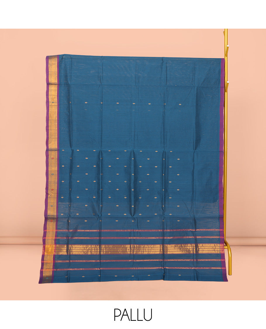 Blue Venkatagiri Cotton Saree, Elevated with Buttas, a Contrast Zari-Thread Border, Pallu of Stripes, and No Blouse