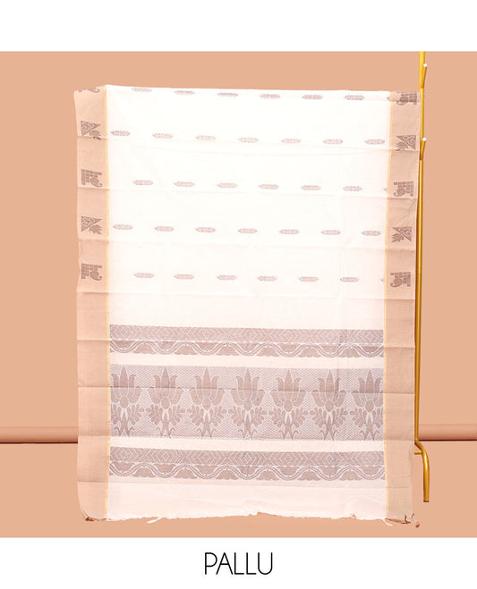 Cream Kanchi Cotton Saree, Woven with Buttas, Complemented by a Contrast Border, Pallu of Floral Design, and a Matching Blouse