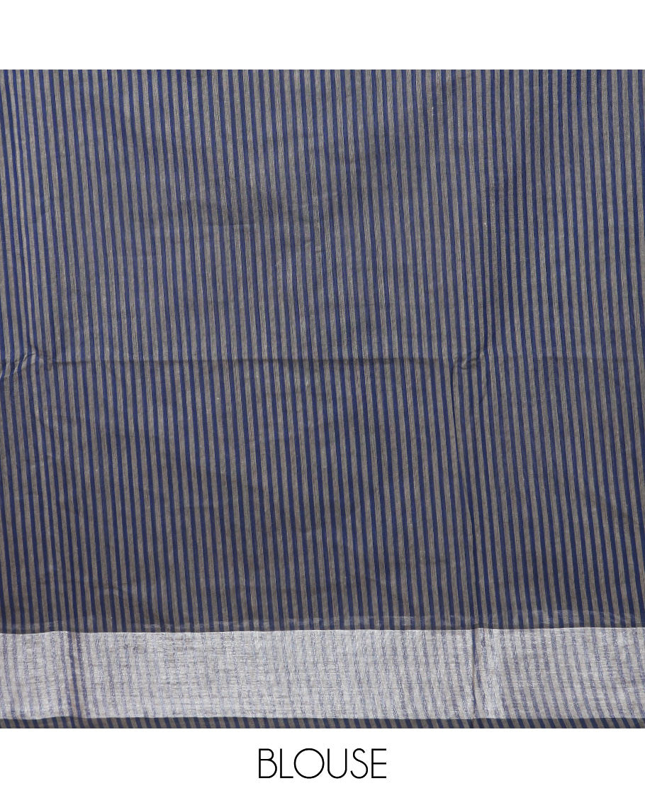 Blue & cement grey striped jute cotton saree, zari border & pallu of stripes