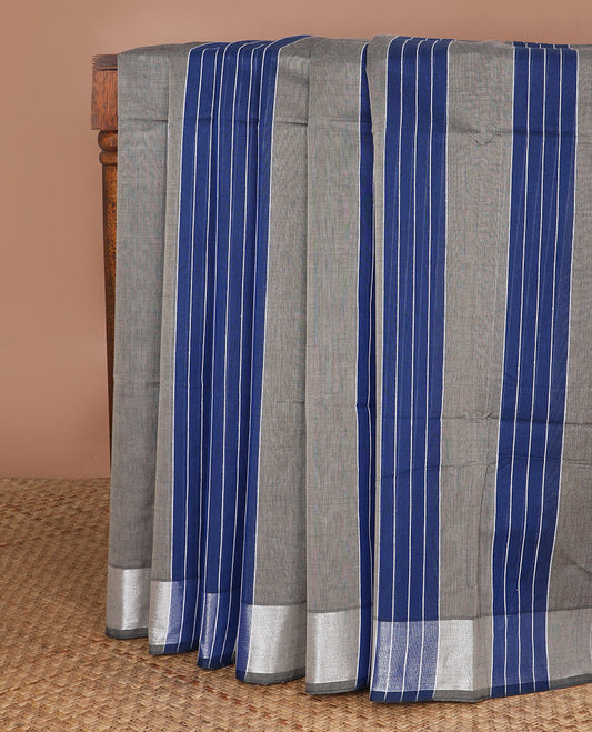 Blue & cement grey striped jute cotton saree, zari border & pallu of stripes