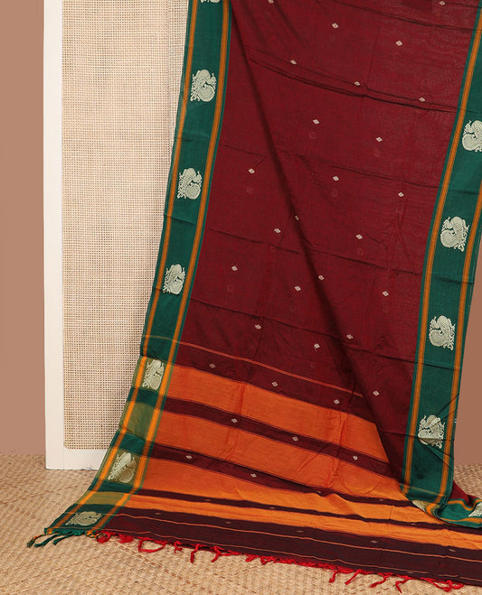 Maroon buttas Narayanpet cotton saree, contrast peacock design border & striped pallu