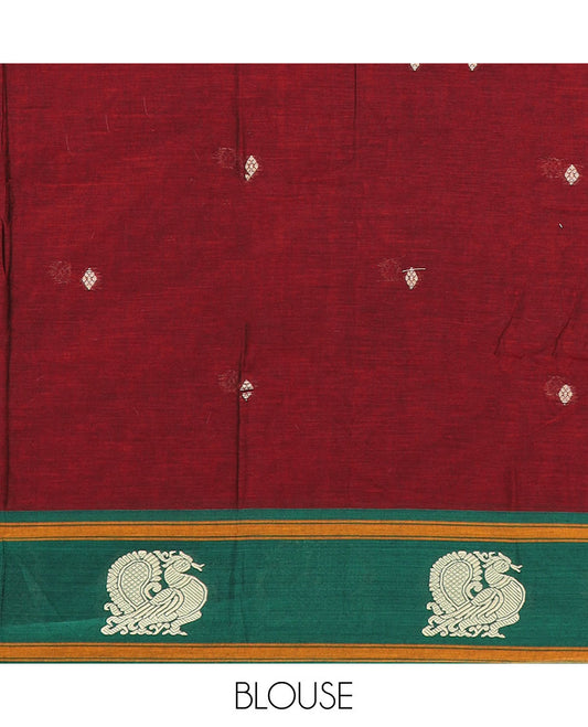 Maroon buttas Narayanpet cotton saree, contrast peacock design border & striped pallu
