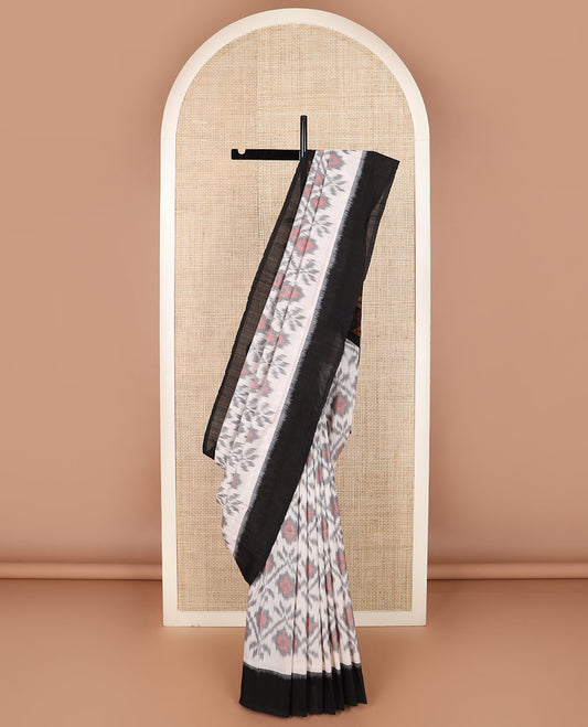 Half-white geometric design Pochampally ikkat saree, contrast plain black border, and ikkat design pallu