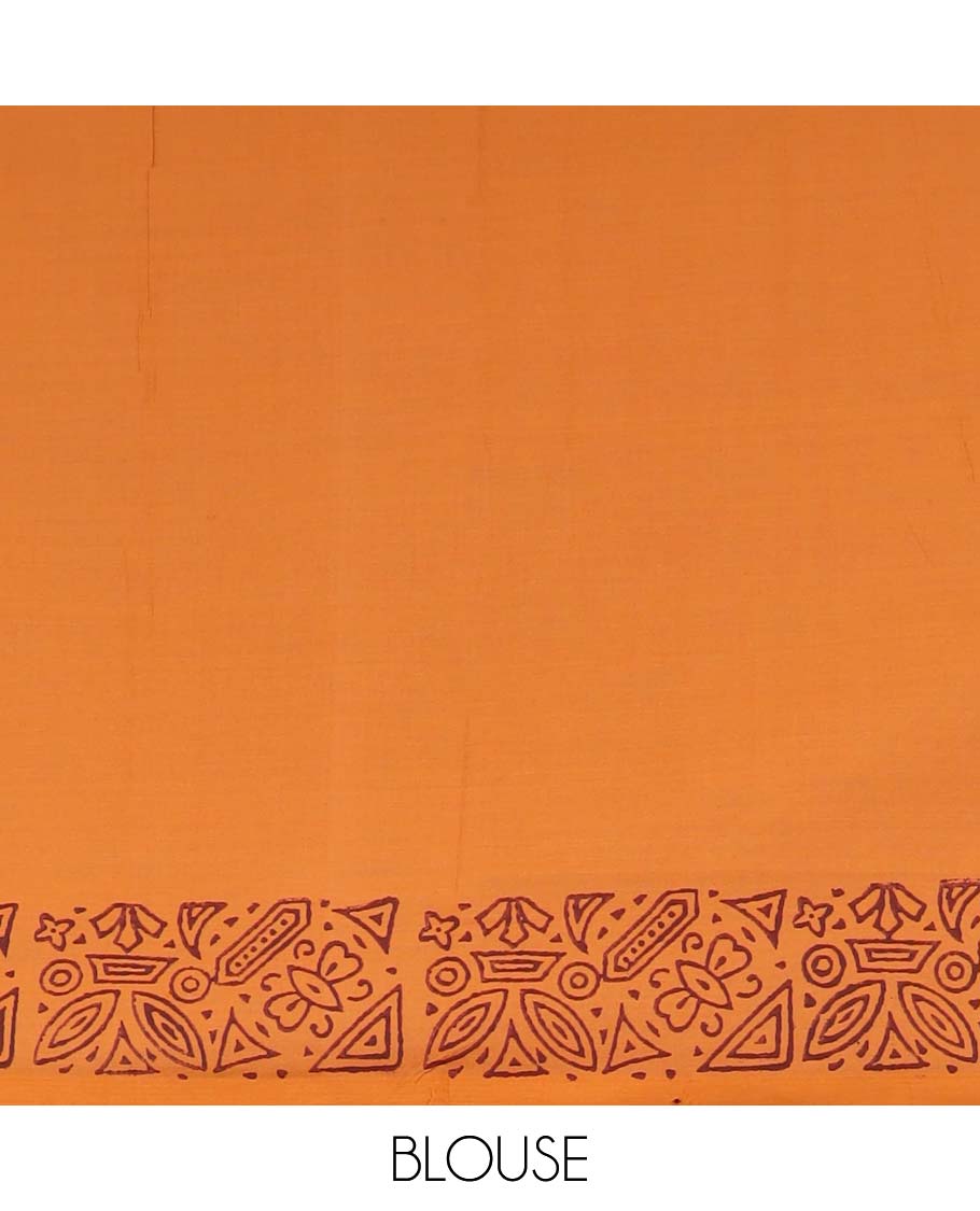 Borderless orange tree and warli motifs printed poly cotton saree, floral-paisley printed pallu