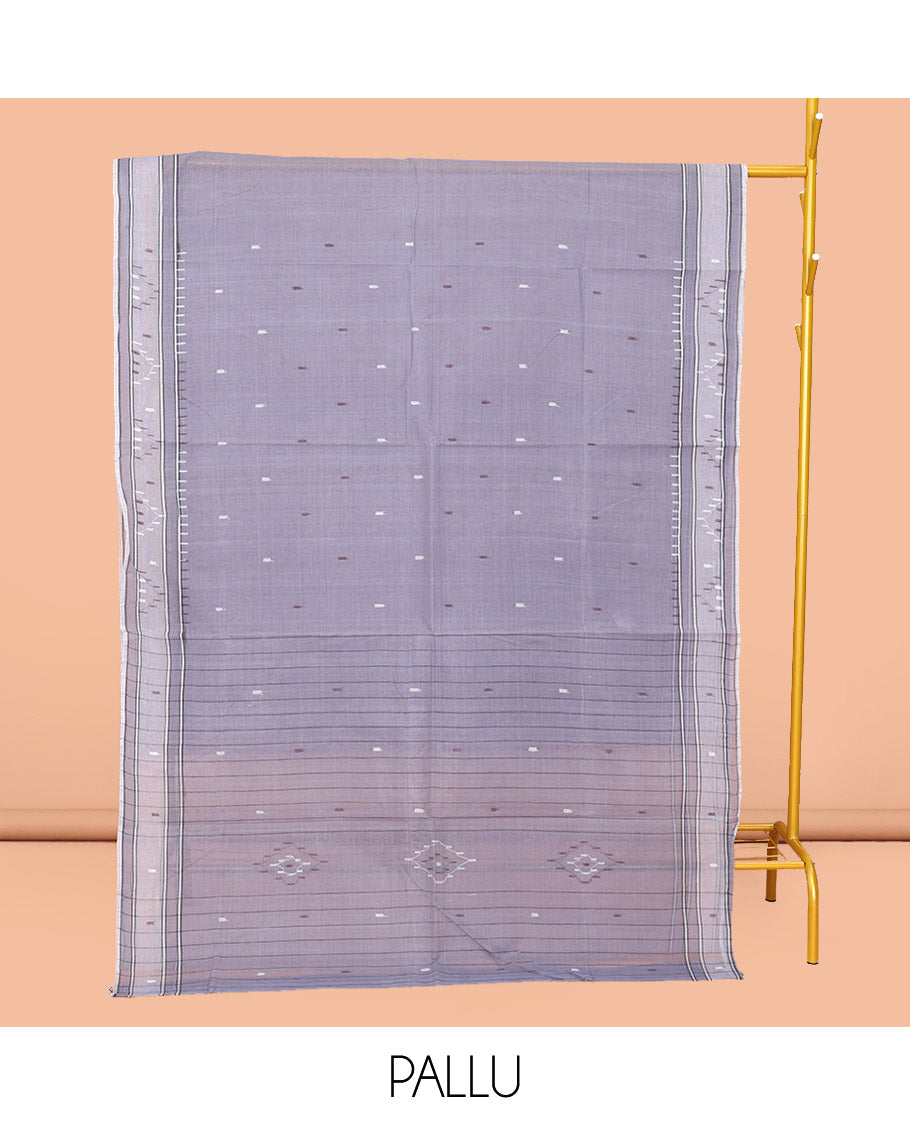 Grey Bengal Cotton Saree, Featuring Thread Buttas, a Subtle Border, Pallu of Stripes and Buttas, and a Matching Blouse