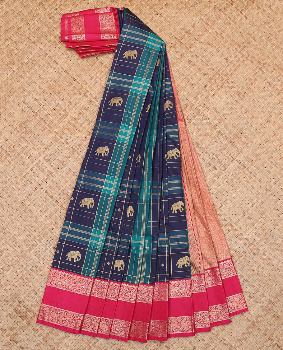 Navy-Peacock Green Checked Budget Silksaree Features Elephant Motifs, Contrast Rettaipettu Border, Contrast Blouse