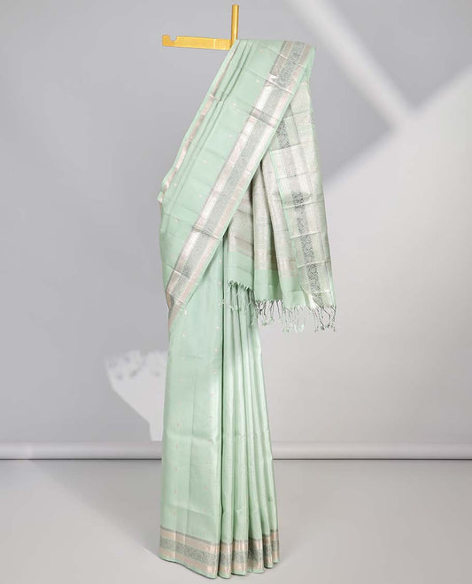 Green small buttas soft silk saree with saelf zari border & intricate zari design pallu