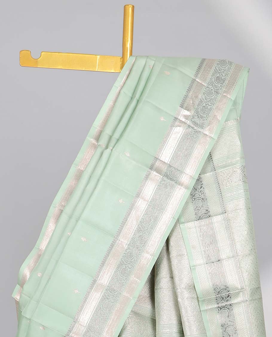 Green small buttas soft silk saree with saelf zari border & intricate zari design pallu