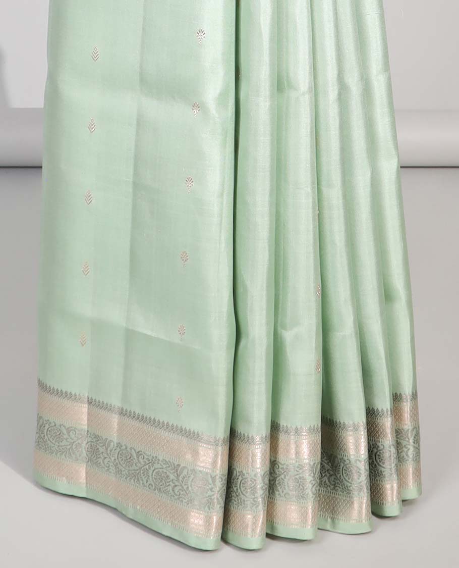 Green small buttas soft silk saree with saelf zari border & intricate zari design pallu