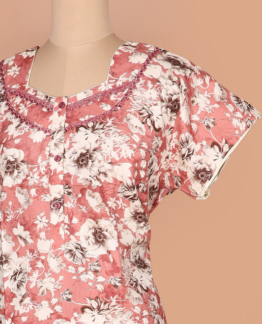 Pink floral printed with half-hexogon shape neck half-sleeve cotton nighty