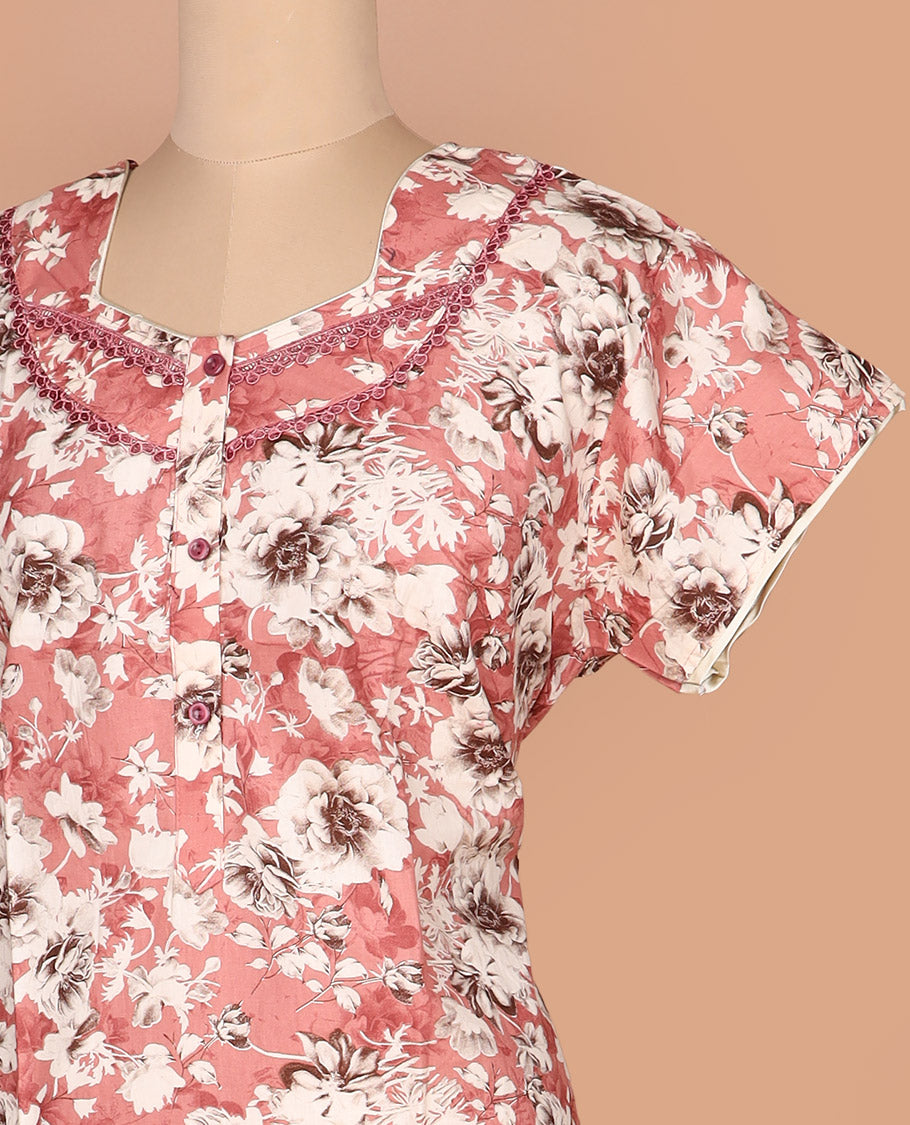Pink floral printed with half-hexogon shape neck half-sleeve cotton nighty