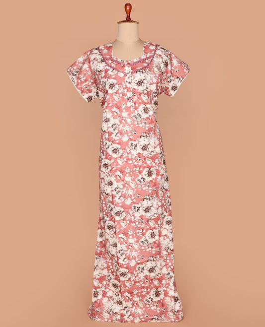 Pink floral printed with half-hexogon shape neck half-sleeve cotton nighty