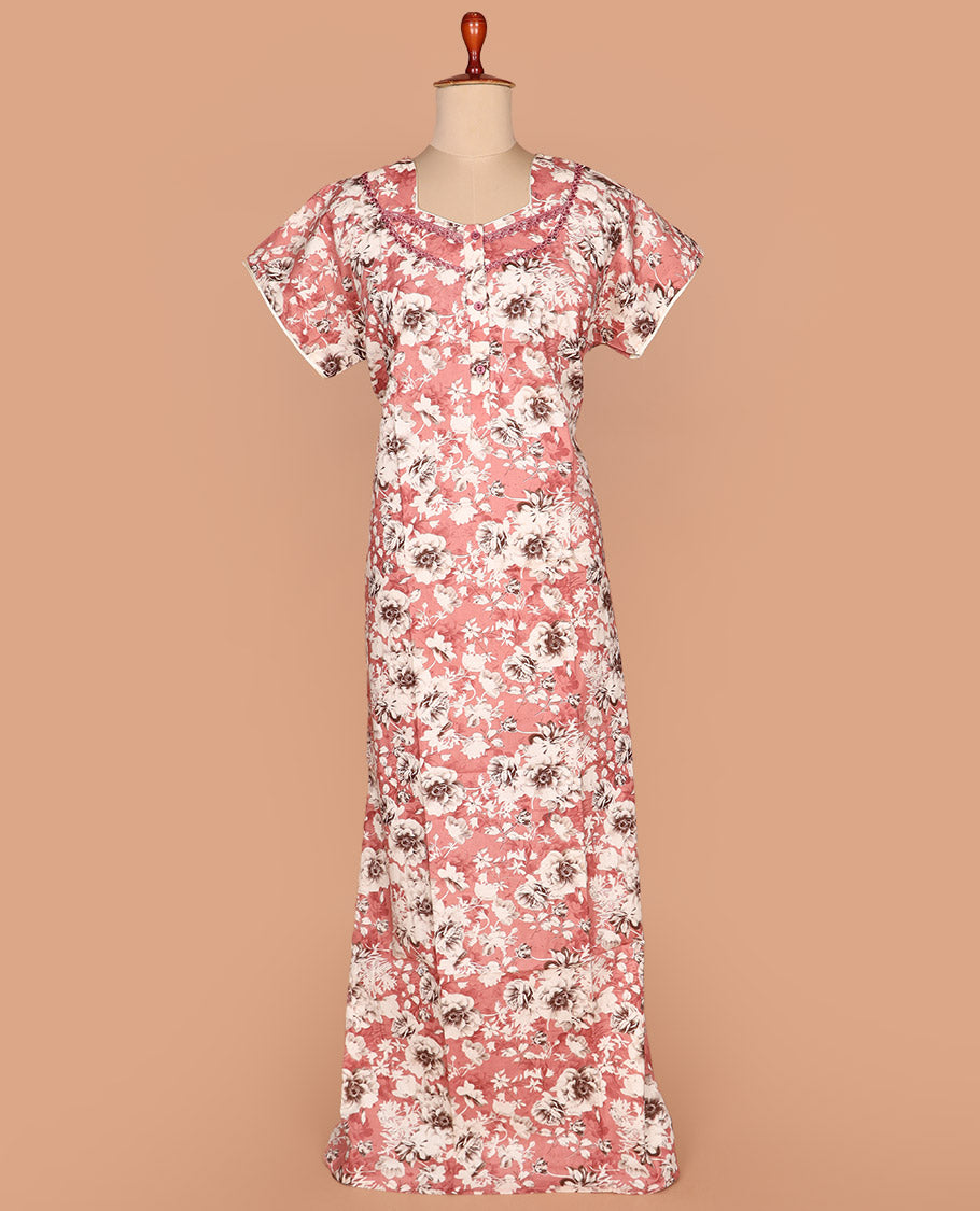 Pink floral printed with half-hexogon shape neck half-sleeve cotton nighty