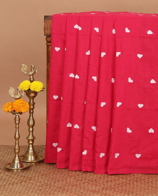 Borderless Rani pink heart thread embroidery jute cotton saree with self pallu & plain blouse