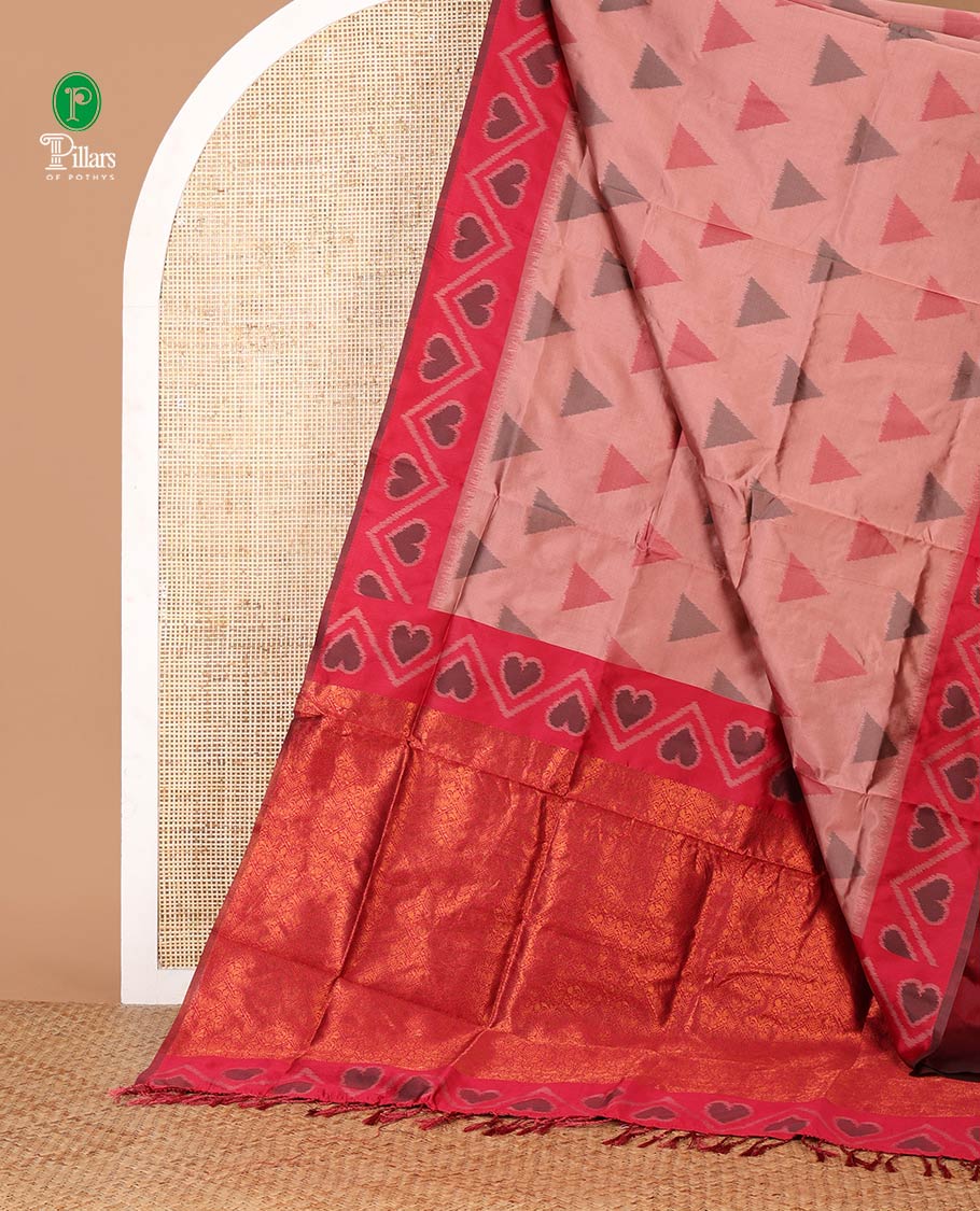 Onion pink pochampally triangle motifs mulberry silksaree,contrast pochampally design satin thread weave border & zari-rich intricate pallu