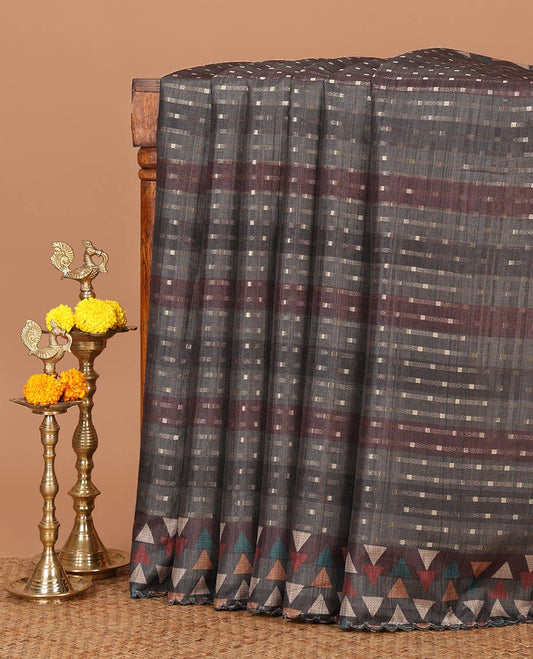 Olive green zari dobby-style buttas semi-tusser saree,multi-color triangle motif printed scallop border & pallu with zari striped blouse