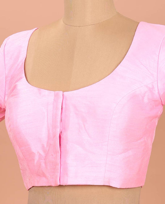 Baby Pink Plain Readymade Blouse Featuring a Front Round-Neck, Back Round-Neck, and Elbow Sleeves