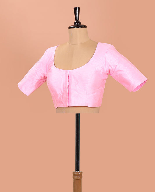 Baby Pink Plain Readymade Blouse Featuring a Front Round-Neck, Back Round-Neck, and Elbow Sleeves