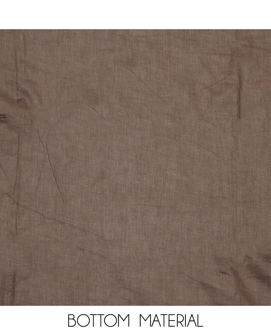 Brown material chudidar set, block printed motifs with patch embroidered top, plain bottom and block printed dupatta