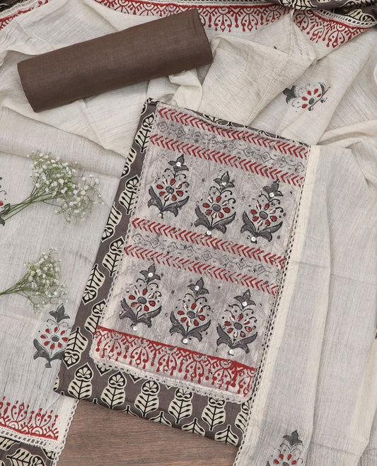 Brown material chudidar set, block printed motifs with patch embroidered top, plain bottom and block printed dupatta
