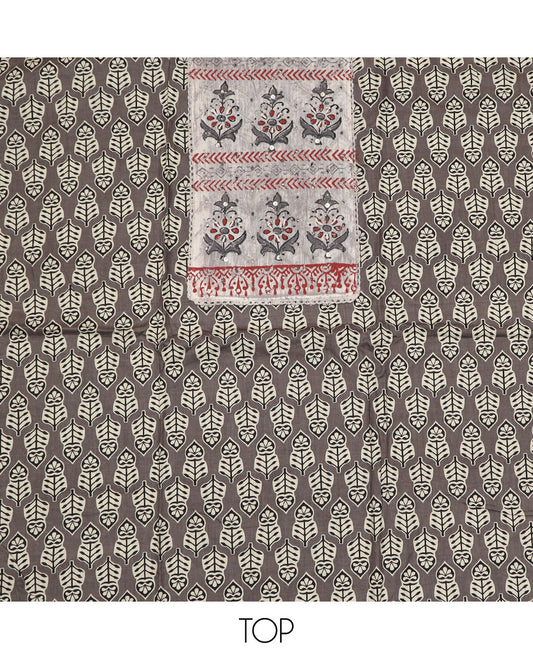 Brown material chudidar set, block printed motifs with patch embroidered top, plain bottom and block printed dupatta