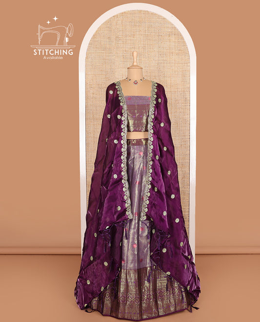 Violet art silk half-saree, buttas with contrast traditional zari big bordered skirt, matching blouse, and contrast scallop embroidered dhavani
