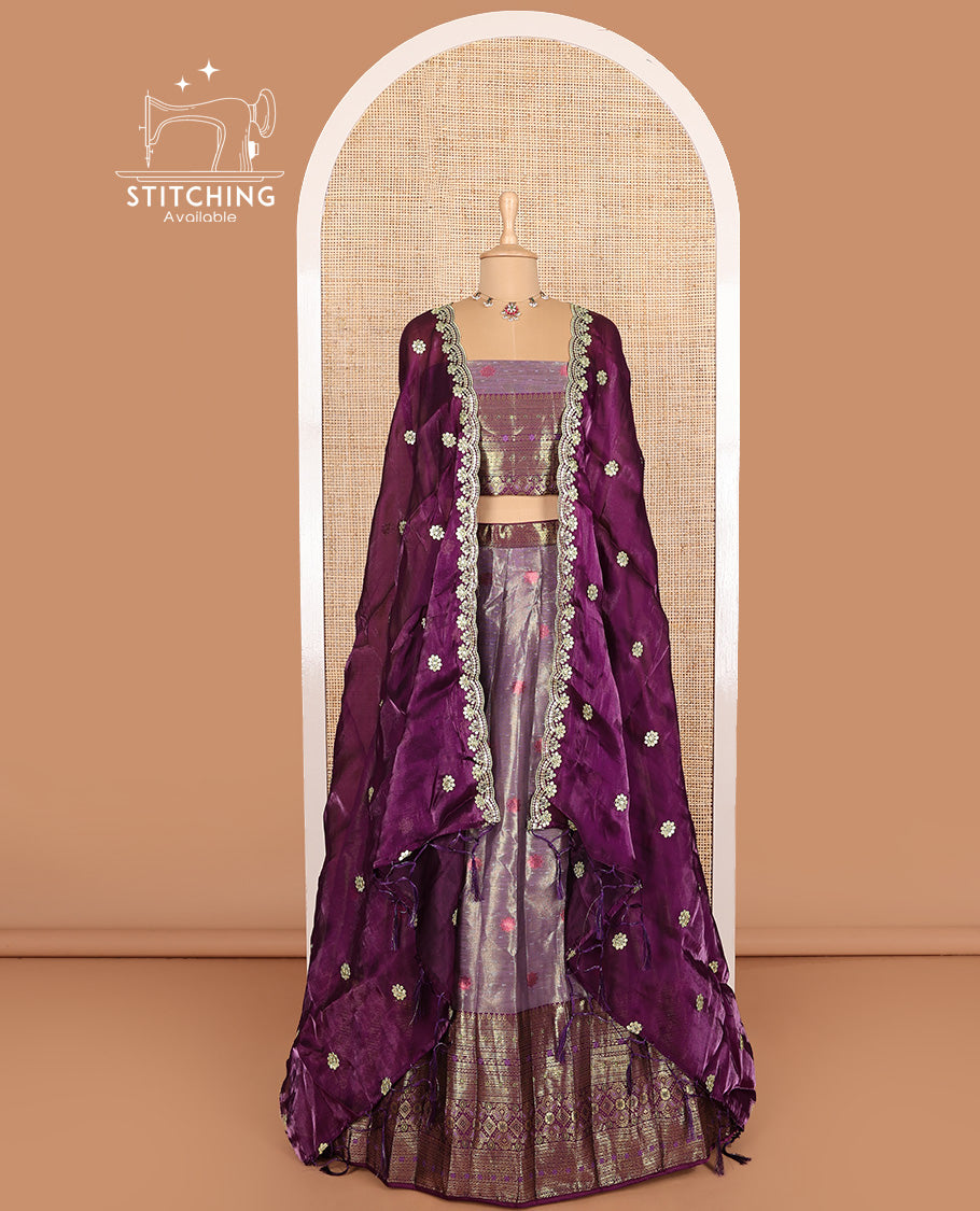 Violet art silk half-saree, buttas with contrast traditional zari big bordered skirt, matching blouse, and contrast scallop embroidered dhavani