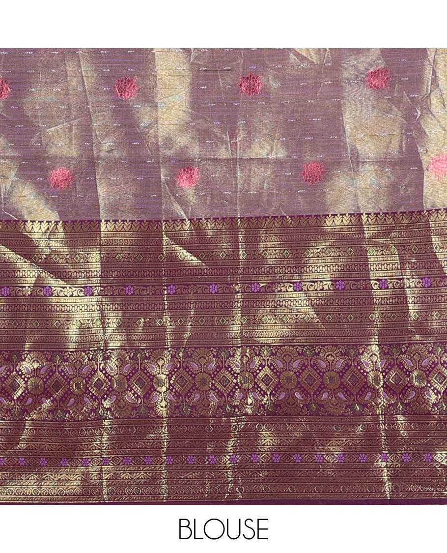 Violet art silk half-saree, buttas with contrast traditional zari big bordered skirt, matching blouse, and contrast scallop embroidered dhavani