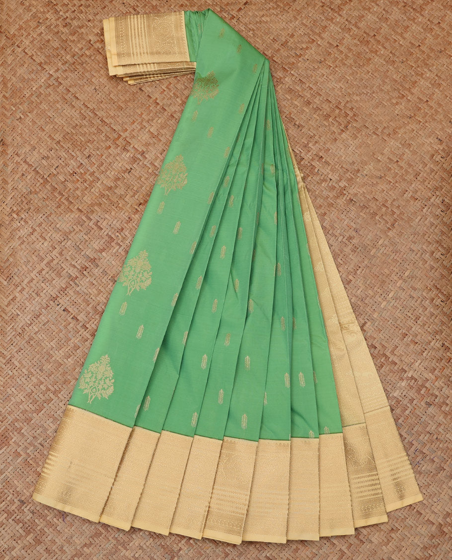 Pista Green Budget Silk Saree, Bedecked with Zari Buttas, a Contrast Traditional Zari Border, Grand Pallu, and a Contrast Blouse