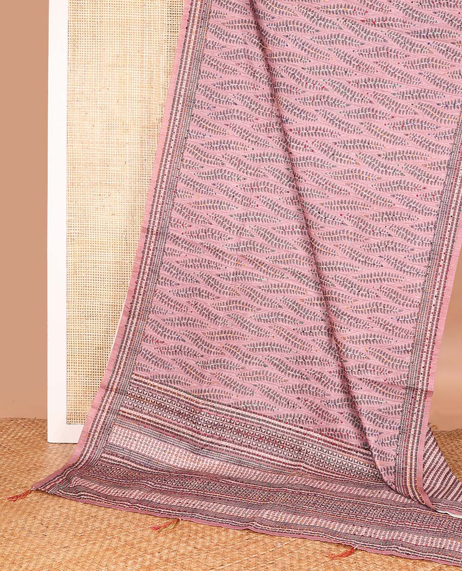 Pink leaf motifs printed and colorful French knot embroidered chanderi cotton saree, self-border and pallu of geometric print with French knots
