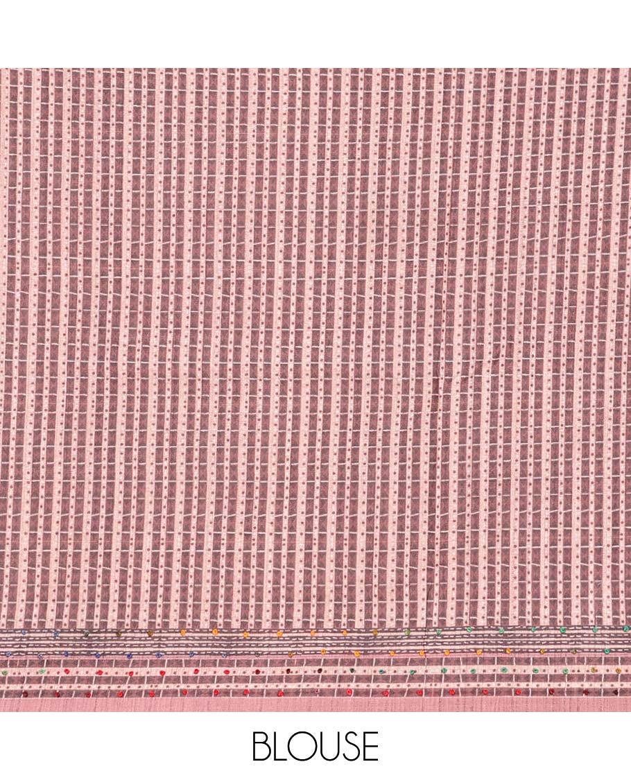 Pink leaf motifs printed and colorful French knot embroidered chanderi cotton saree, self-border and pallu of geometric print with French knots