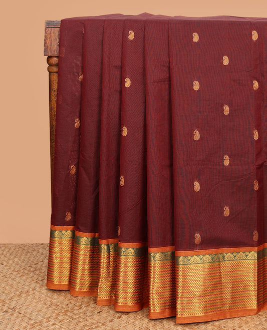 Brown paisley buttas Venkatagiri cotton saree, contrast traditional zari design border, and zari striped pallu