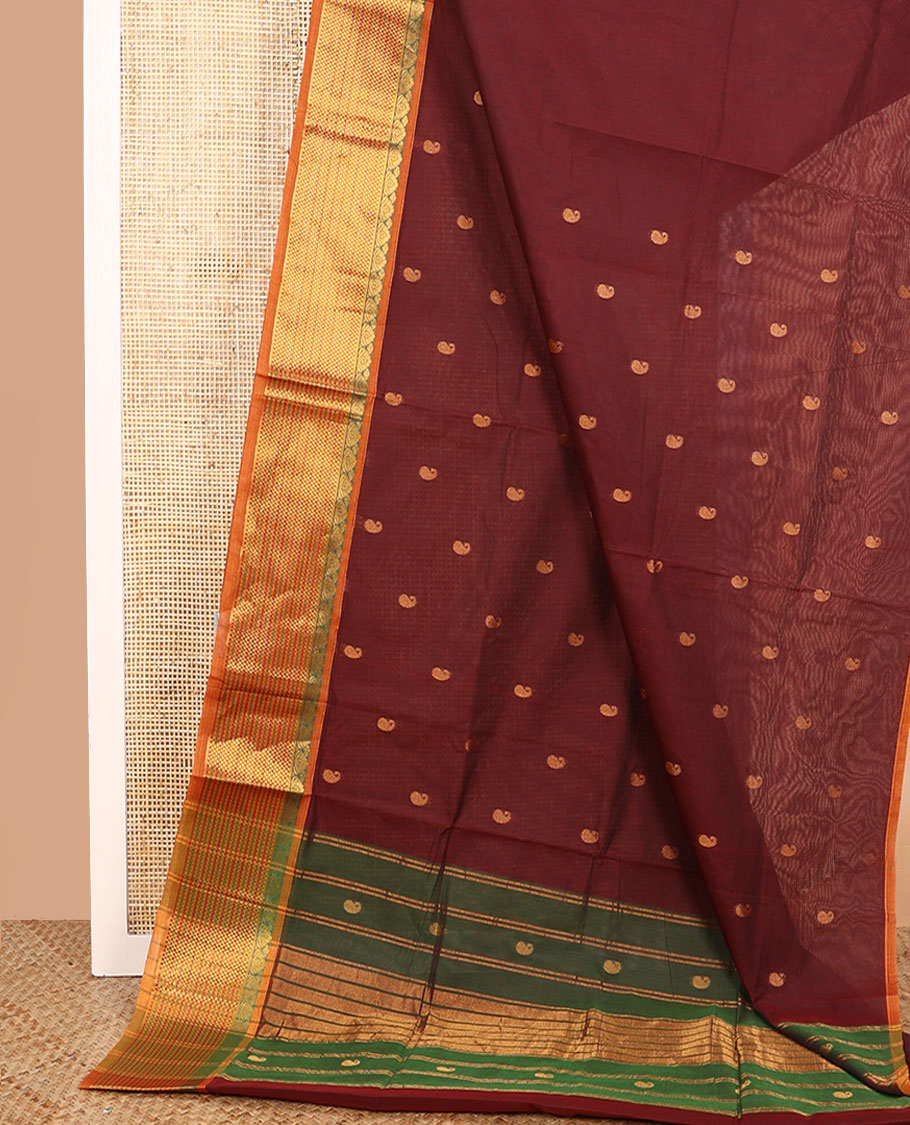 Brown paisley buttas Venkatagiri cotton saree, contrast traditional zari design border, and zari striped pallu