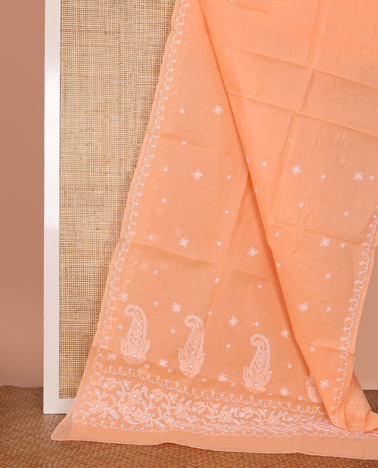 Orange Lucknowi Chikankari Cotton Saree, Enlivened with Floral Motifs Embroidery on Its Body, Subtle Embroidery Border, Pallu of Floral-Paisley Embroidery, and Comes Without a Blouse