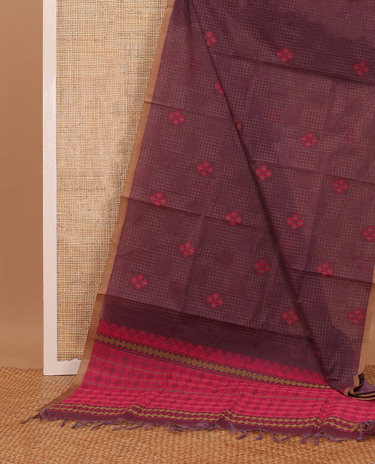 Brown checks & buttas Coimbatore cotton saree, contrast plain border & pallu of intricate designs