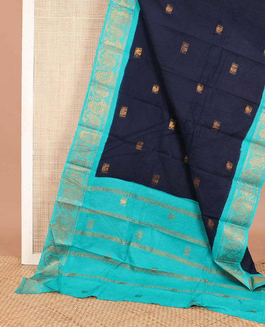 Navy blue peacock zari buttas Sungudi cotton saree, contrast floral-paisley zari border & zari design pallu