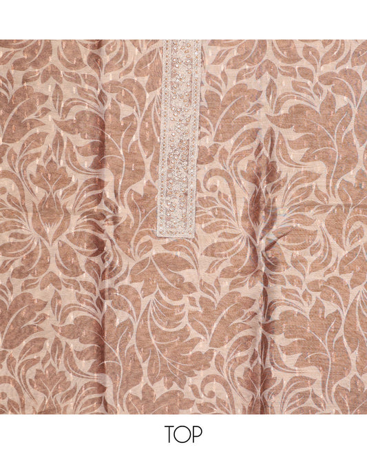 Brown cotton chudidhar material set, floral print & sequins work top, contrast bottom & floral print & zari border dupatta