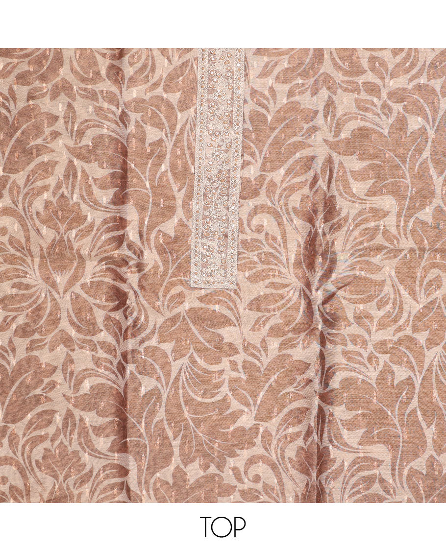 Brown cotton chudidhar material set, floral print & sequins work top, contrast bottom & floral print & zari border dupatta