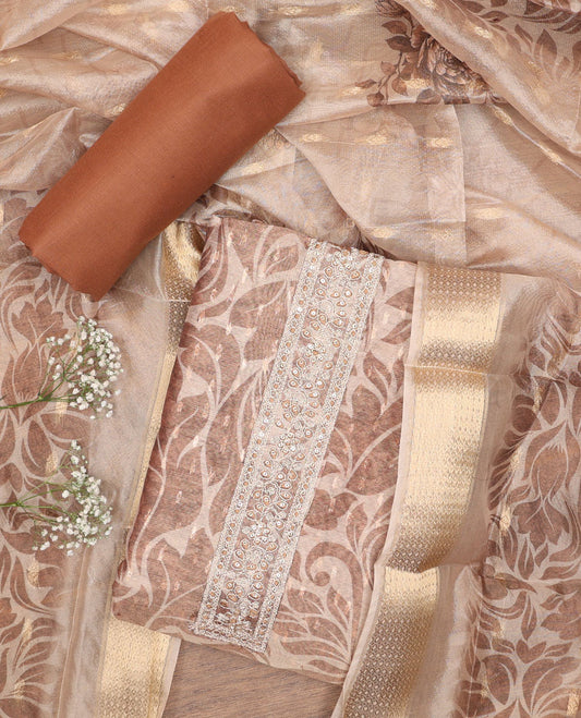 Brown cotton chudidhar material set, floral print & sequins work top, contrast bottom & floral print & zari border dupatta