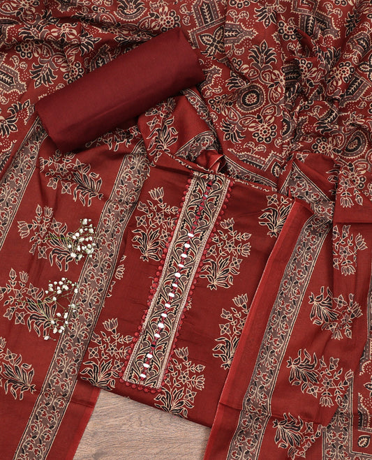 Maroon Material Chudidar Set, Elevated with Floral Printed Cotton Top, a Plain Cotton Bottom, and Paired with a Ajrakh Printed Cotton Dupatta