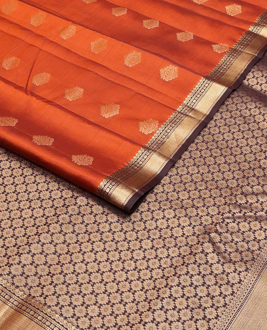 Orange zari stripes & buttas Vasundhara silk mix saree, contrast traditional zari design border & flower motifs steeped pallu