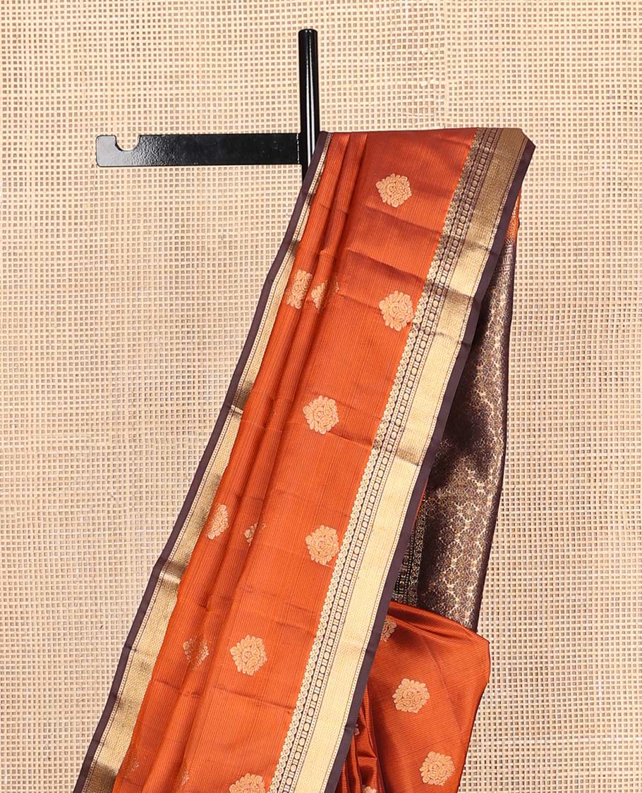Orange zari stripes & buttas Vasundhara silk mix saree, contrast traditional zari design border & flower motifs steeped pallu