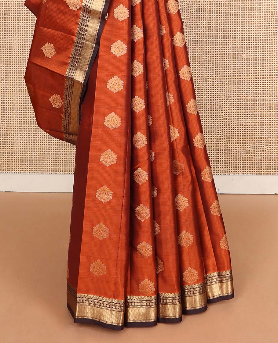 Orange zari stripes & buttas Vasundhara silk mix saree, contrast traditional zari design border & flower motifs steeped pallu