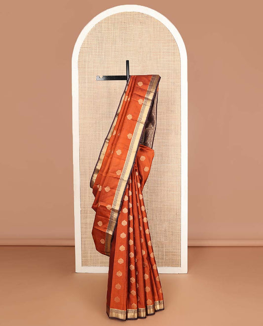 Orange zari stripes & buttas Vasundhara silk mix saree, contrast traditional zari design border & flower motifs steeped pallu