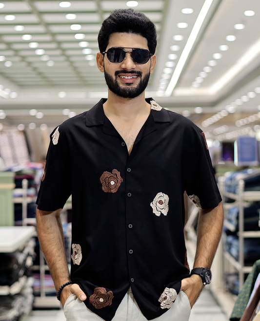Black Floral Embroidery Cotton-Blended Casual Shirt