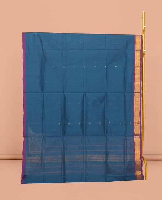 Blue Venkatagiri Cotton Saree, Elevated with Buttas, a Contrast Zari-Thread Border, Pallu of Stripes, and No Blouse