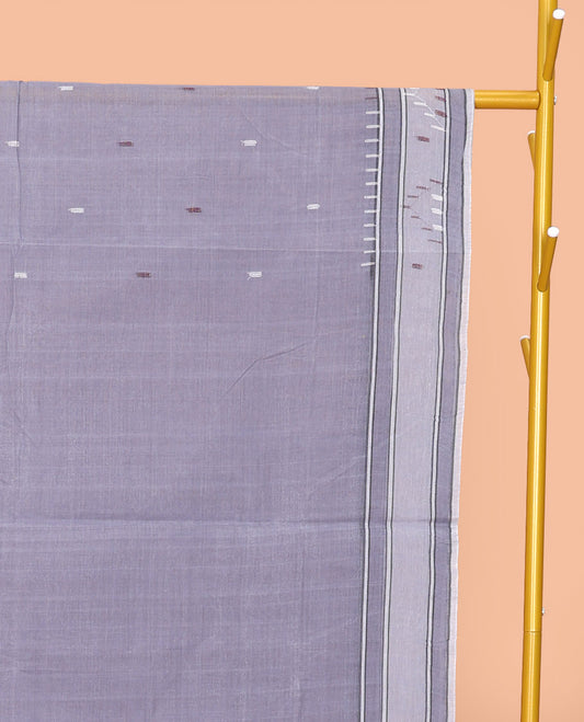 Grey Bengal Cotton Saree, Featuring Thread Buttas, a Subtle Border, Pallu of Stripes and Buttas, and a Matching Blouse