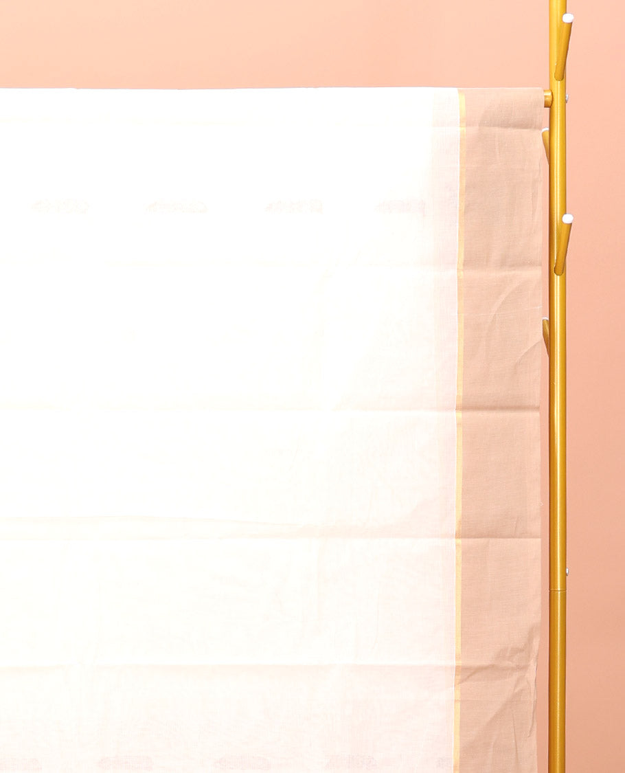Cream Kanchi Cotton Saree, Woven with Buttas, Complemented by a Contrast Border, Pallu of Floral Design, and a Matching Blouse