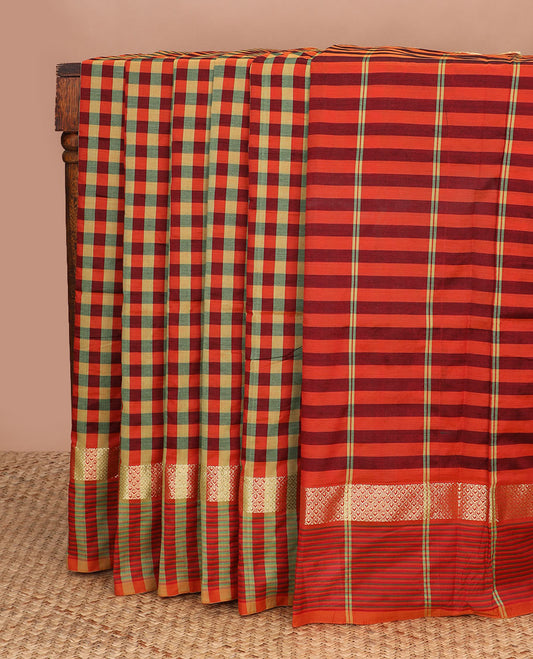 Multi-color checked design poly cotton saree, traditional zari border of stripes & striped pallu